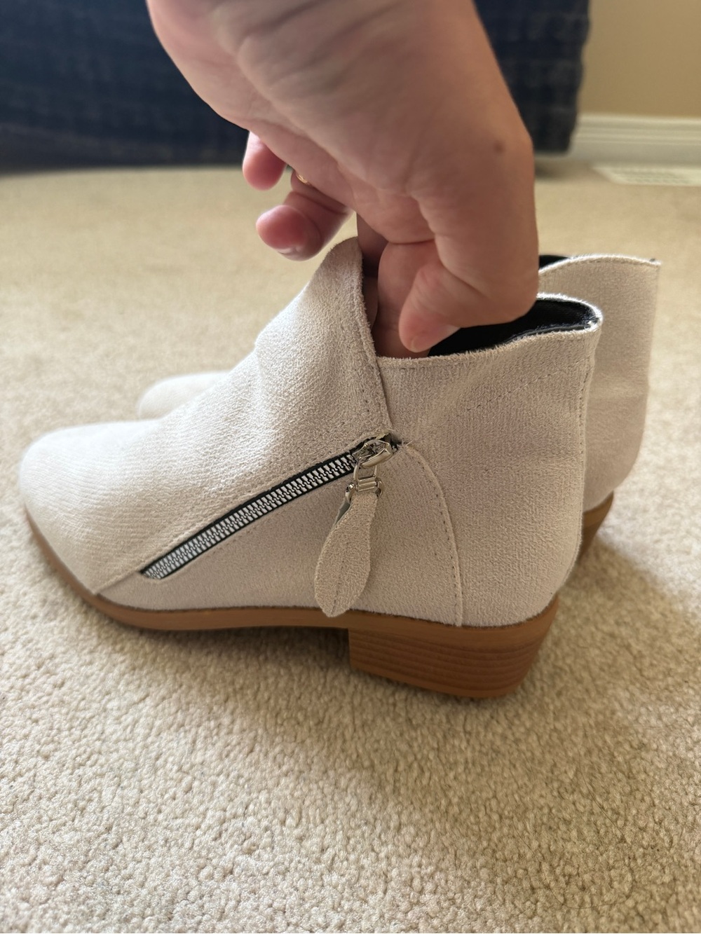 Women’s Beige FauxSuede Look Ankle Boots Size 38 Side Zip Low Heel Booties - Picture 2 of 7